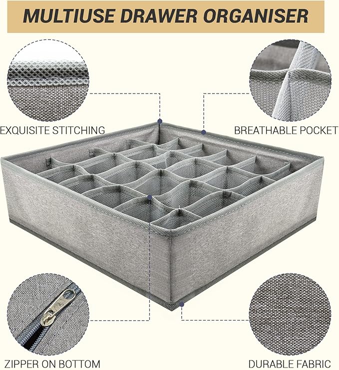 2 Pack 48-Cell Fabric Sock Organizer and Tie Organizer For Men - Fabric Foldable Drawer Divider for Socks, Underwear, Ties and Belts - Foldable, Multi-Cell Design, Space-Saving (Grey)