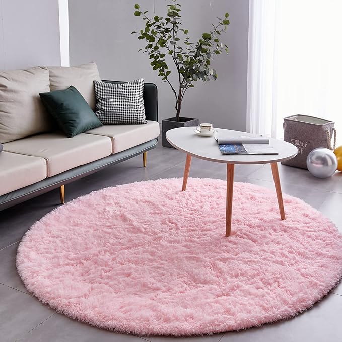 FJZFING Pink Round Rug Ultra-Soft Plush Modern 6x6 Circle Area Rug for Kid's Bedroom, Fluffy Shag Circular Rug for Nursery Room, Non-Slip Home Decor Cute Pink Carpet for Teen's Room