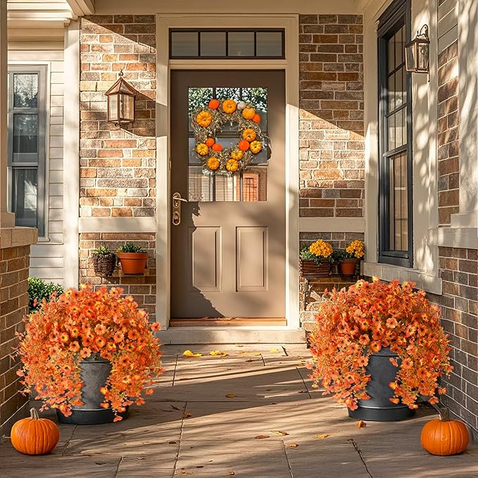 Artificial Fall Flowers for Outdoors, 2PCS Silk Fake Flowers Realistic Daisy Mums UV Resistant Porch Patio Window Yard Decor (Sunset Red)