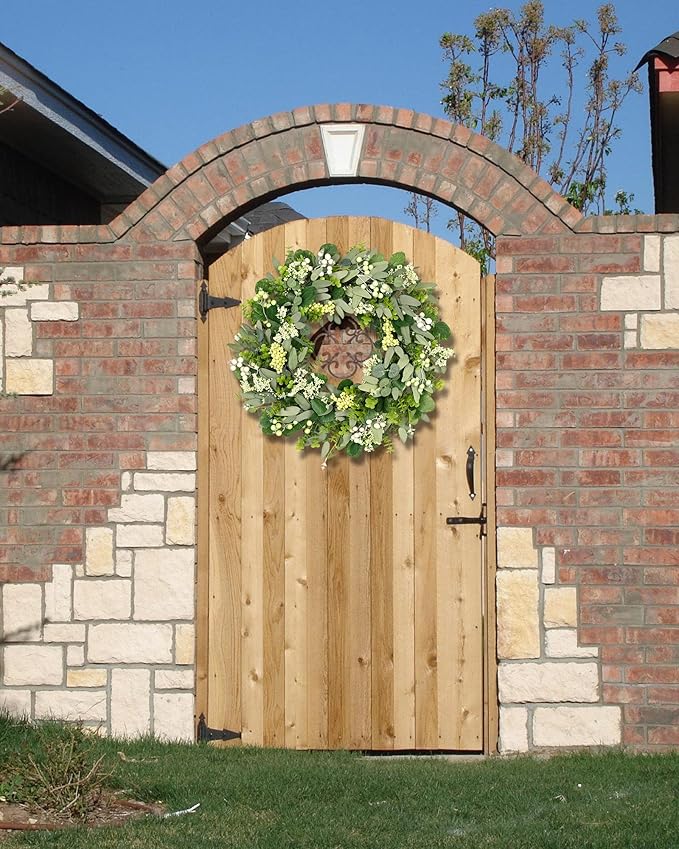 Vlorart 24-26 Inch Artificial Spring Summer Greenery Christmas Wreaths for Front Door Green Eucalyptus Leaf Wreath Decor Boxwood with Big Berries for Farmhouse Outside Year Round