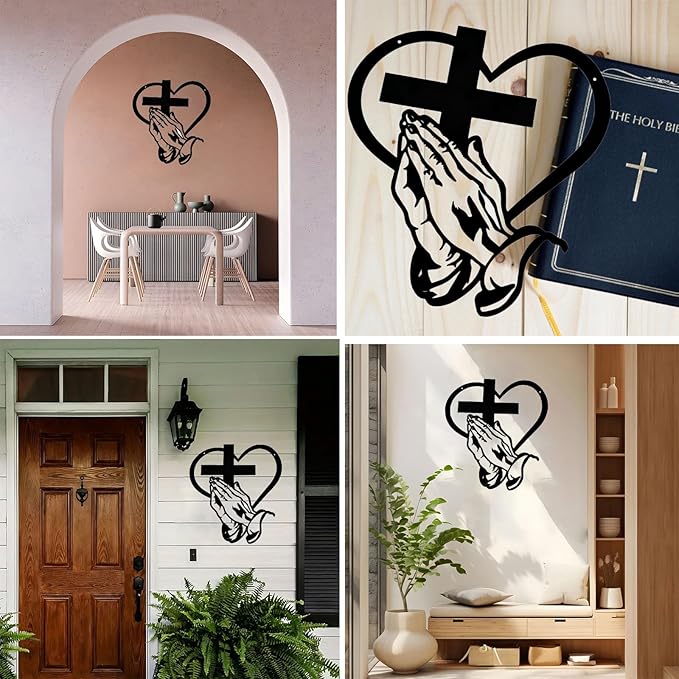 Elegant Metal Christian Heart & Cross Wall Art Decor - 11.8" Praying Hands Design Hanging Decoration for Women Mother’s Day, Bedroom Church Prayer Room Blessed Religious Gift