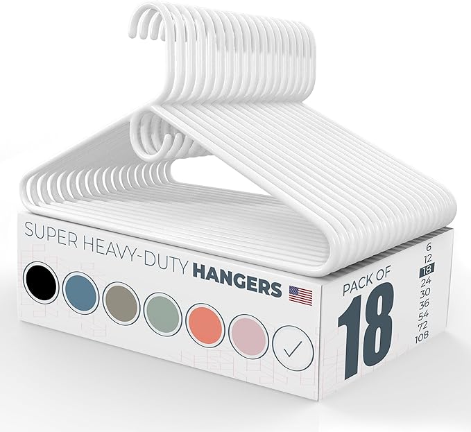 Neaties Super Heavy Duty Clothes Hangers 18 Pack – Made in the USA - 10lb Capacity, Thick Plastic Hangers for Pants, Coats, Jackets, Jeans and Adult Clothing – White