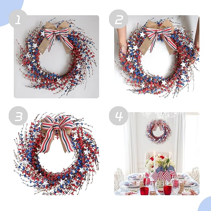 Idyllic 18 Inch Patriotic red White Blue Berries Leaves Wreath for Front Door, Memorial Day Burlap Bow Wreath for Home Decor, Independence Day Forth of July for Indoor and Outdoor