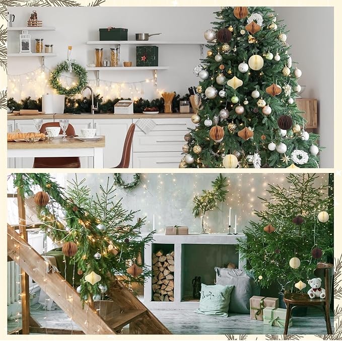 TecUnite 50 Pcs Christmas Paper Honeycomb Ornaments for Tree Vintage 3D Mini Glitter Edge Paper Christmas Ornament Honeycomb Tree Hanging Neutral Boho Holiday Xmas Party Decoration(Brown)