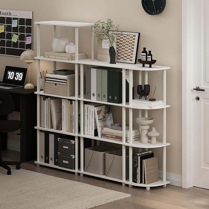 Furinno Turn-N-Tube Corner Shelf, 4-Tier Corner Bookshelf, Display Storage Shelves with Open Shelves, for Organization and Storage, Living Room, Home Office, Garage, White