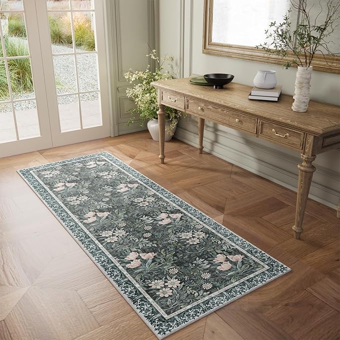 Non Slip Vintage Floral with Ornate Border Hallway Runner Rug - Long Runner Rugs 2x6 Washable Kitchen Floor Mat, Laundry Room Rug, Bathroom Runner