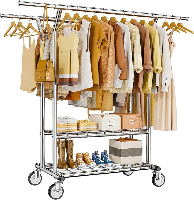 Heavy Duty Clothes Rack, Rolling Clothing Rack With Shelves Load 620 LBS, Double Rod Clothing Racks for Hanging Clothes, Portable& Adjustable Clothes Rack with Wheels Garment Rack