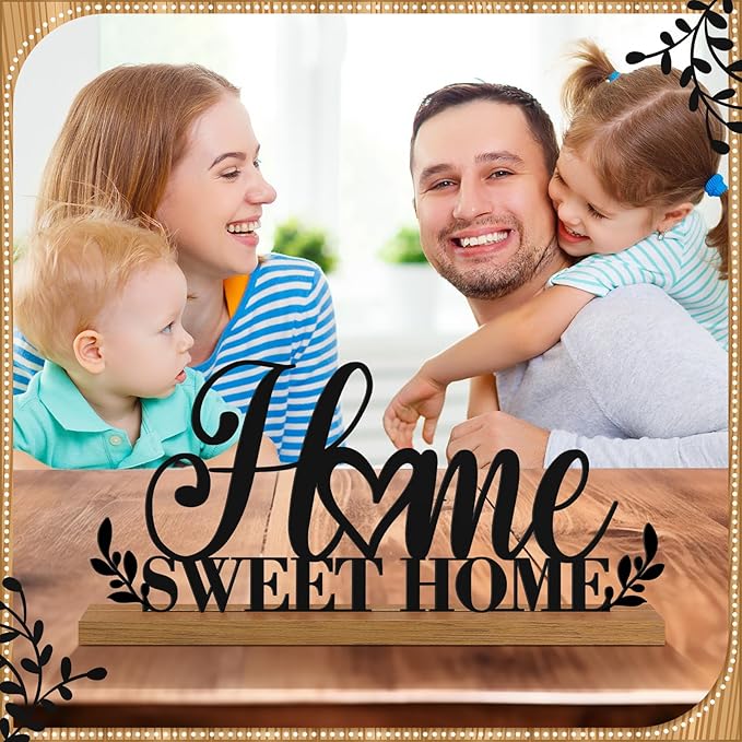 Teenyyou Home Sweet Home Sign House Table Decor Bless Centerpiece Black Metal Word Sign with Wooden Base for Sweet Family Tabletop Desk Decoration Housewarming Gift