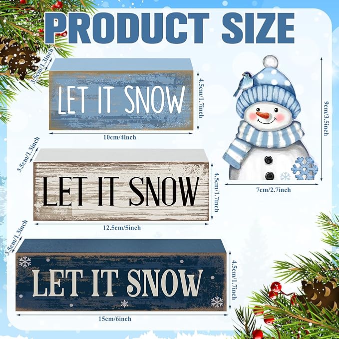 Lineshading 4 Pcs Christmas Table Decoration Blue and White Snowman Decor Winter Tiered Tray Decor Christmas Centerpiece Decorative Wooden Snowman Block Sign Gift Winter Decoration for Home Kitchen