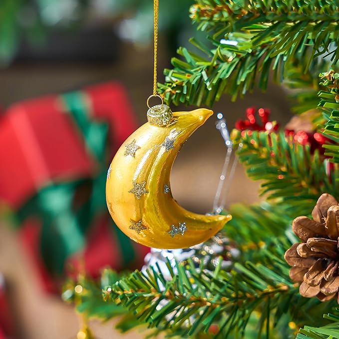Joiedomi Christmas Moon Ornaments, Glitter Blown Glass Moon Decorations for Tree Hanging Ornament Outdoor Christmas Decorations Indoor