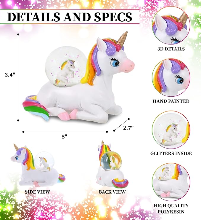 CoTa Global Unicorn Snow Globe Decor - Beautiful Pink Sparkle Rainbow Unicorn Figurine, Cool Snow Globes and Figurines, Perfect Ornament Miniature for Home Decor - 45 mm