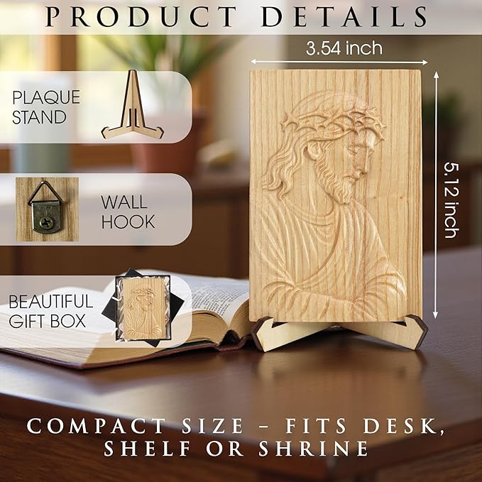 Hand-Carved Wooden Jesus Plaque – Christian Wall & Desk Decor with Stand, Natural Wood Relief Art, Catholic Religious Gift, Gift-Ready Box for Home Altar, Easter & Christmas