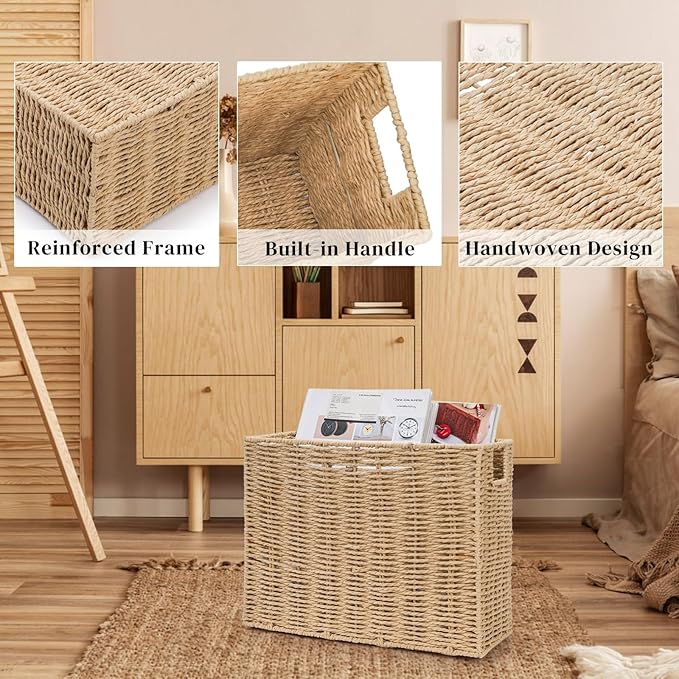 Woven Magazine Holder, 15'' x 6'' x 11'' Book Basket with Built-in Handles, Narrow File Storage Newspaper Organizer for Living Room, Bedroom, Office, Bathroom