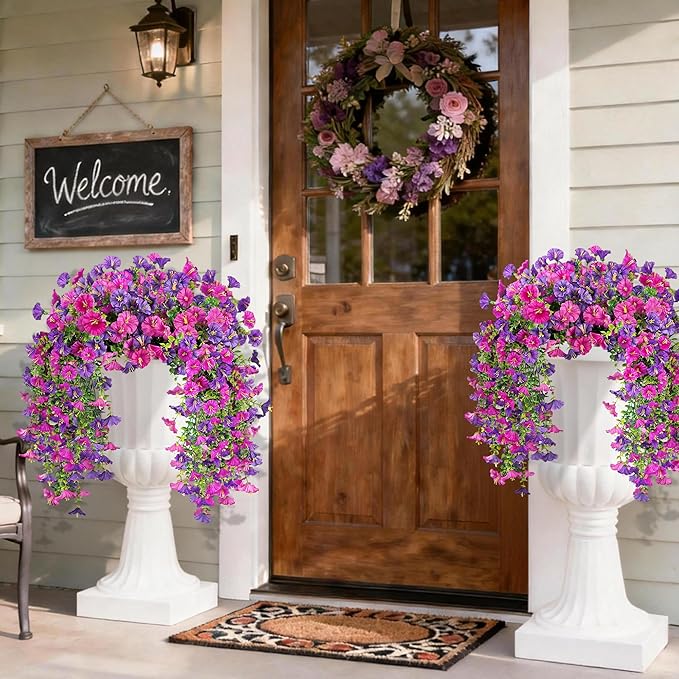 Artificial Hanging Flowers for Outdoors, 4 PCS UV Resistant Faux Plants Silk Realistic 150 Morning Glory Each Vines, Fake Plastic Floral for Garden Patio Spring Summer Decor, Fuchsia & LightPurple