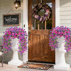 Artificial Hanging Flowers for Outdoors, 4 PCS UV Resistant Faux Plants Silk Realistic 150 Morning Glory Each Vines, Fake Plastic Floral for Garden Patio Spring Summer Decor, Fuchsia & LightPurple