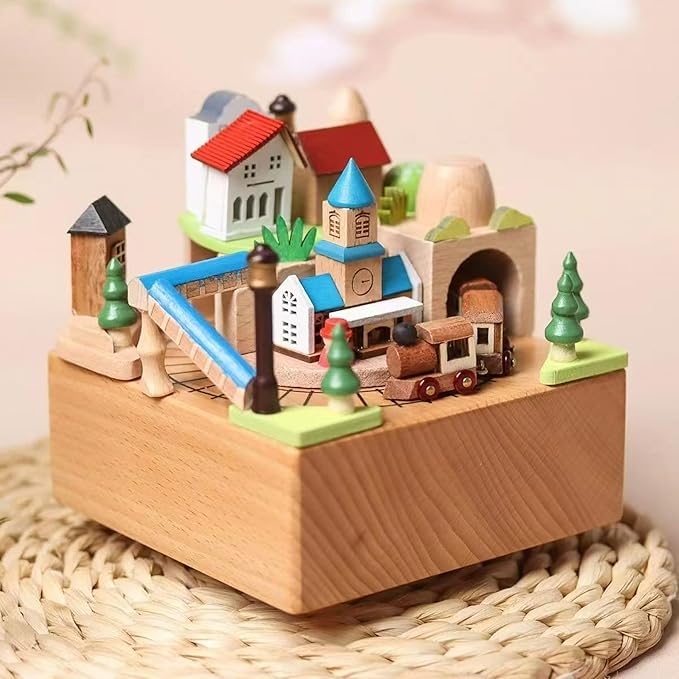 Natural Solid Wood Handcrafted Beech Wooden, Musical FigureTotoro/Carousel/Fairy/Ballerina Figurine,Rotating Hand Crank Mechanism Music Box,Musical Decorations (Bell Tower and Train)