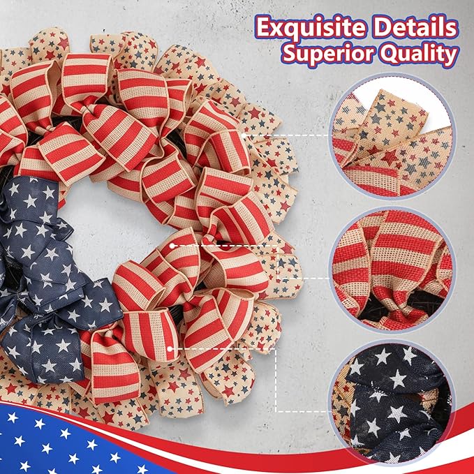 Patriotic Wreath for Front Door, 24 inch 4th of July Decorations Burlap Foldable Wreath for 250th Anniversary American Independence Day Memorial Day Decor