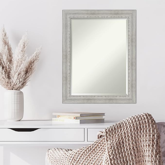 Amanti Art White Wall Mirror 28x22 Rustic White Wash Rectangle Bathroom Mirror for Wall Decor Living Room, Medium Country Rustic Wood Frame, Hangs Horizonally and Vertically, Bathroom Decor, Beveled
