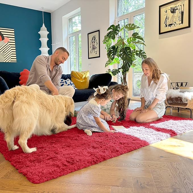 OLANLY 3x5 Machine Washable Small Bedside Rug, Soft Fluffy Shaggy Rugs for Living Room, Bedroom, Indoor Floor Carpet for Kids Girls and Boys, Preppy Dorms, Nursery, Home Decor Aesthetic, Red