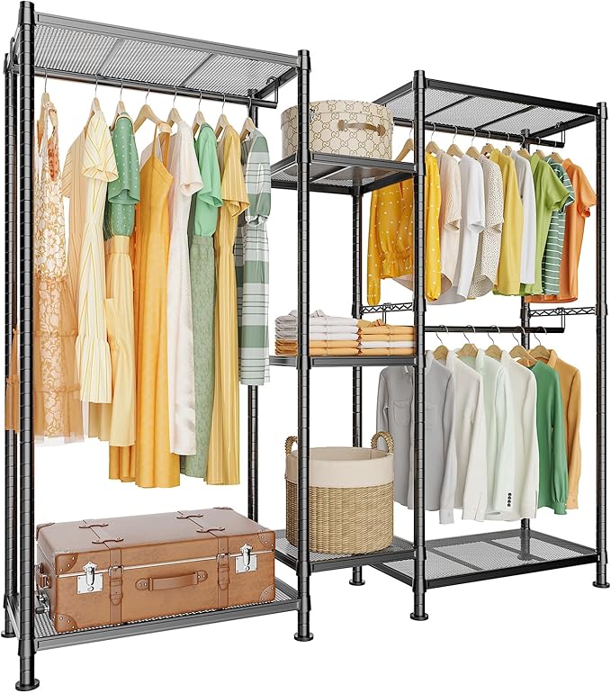 LEHOM G6M Heavy Duty Clothes Rack for Hanging Clothes, Portable Garment Rack Compact Size Closet Organizer, Freestanding Metal Clothing Rack Wardrobe Closet with Storage Shelves for Bedroom(Medium)