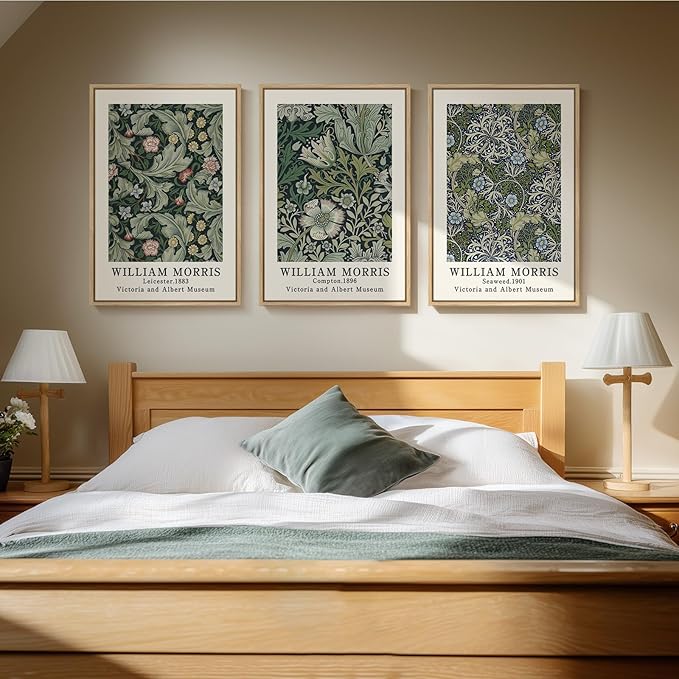 Framed William Morris Canvas Wall Art Green Decor Set of 3, Vintage Large Floral Artwork Prints, Boho Farmhouse Botanical Picture Prints for Living Room, Bedroom, Hallway, Office, Total Size 30x60