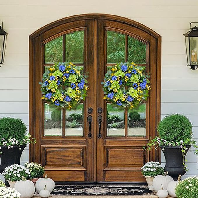 Spring Wreaths for Front Door 24 Inch Summer Wreath with Lifelike Blue Hydrangea Gerbera and Daisy, Wreath Decor for Indoor or Outdoor Spring and Summer Wreaths for Front Door Outside