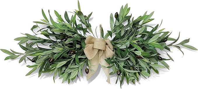 26" Farmhouse Olive Leaf Greenery Swag with Premium Burlap Bow Realistic Faux Olive Branch Door Decor for Front Door, Wall, Mantel, Table, Kitchen, Bathroom, Weddings & Seasonal Styling (Green 1Pcs)