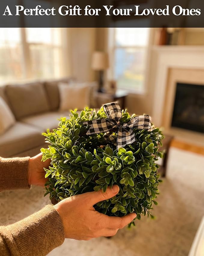 6 Pcs 9" Mini Eucalyptus Wreaths for Kitchen Cabinets, Small Farmhouse Greenery Wreath with Buffalo Check Bow, Realistic Boxwood Leaf Window Indoor Outdoor Decor, UV Protected