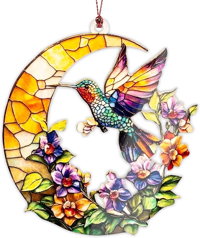 Hummingbird Gifts for Women, for Mom & Grandma from Son Daughter, Hummingbird Ornaments Mom Gift, Moon Ornament Decor for Bird Lovers, Purple Flower Hanging Decor, Home Decorations