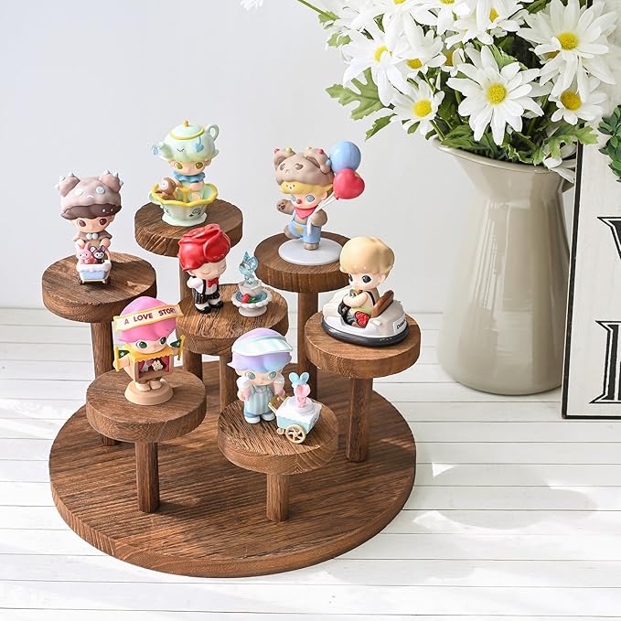 Ikee Design 7-Tier Wooden Display Riser for Jewelry, Accessories, and Collectibles items Wooden Jewelry and Figurine Display Risers, Multilevel Stand for Action Figures and Home Decor, Brown Color
