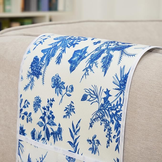 Sofa Armrest Organizer Non-Slip Arm Chair Hanging Caddy Remote Control Holder for Magazine,Tablet, Phone, Books, Glasses(BlueFloral,13in)