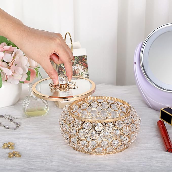 Hipiwe Crystal Jewelry Trinket Box with Glass Lid Large Gold Mirrored Treasure Box Decorative Jewelry Box Ring Earrings Necklace Storage Keepsake Box Gift for Women