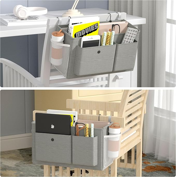 Edudif Bedside Caddy Bedside Organizer with Fixed Straps & Water Bottle Holder, Bunk Bed Caddy ideal for Home, Dorm, Hospital, Crib, Versatile Bedside Storage Solution