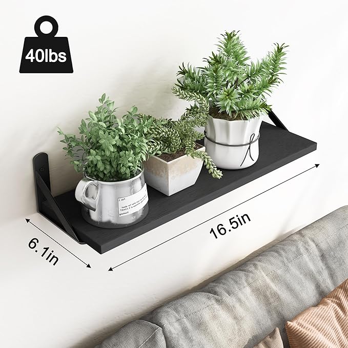 YGEOMER Wall Shelves for Bedroom, 16.5 Inch Floating Shelves for Wall, Shelves for Bathroom Storage, Living Room and Kitchen Decor (Set of 6 Black)