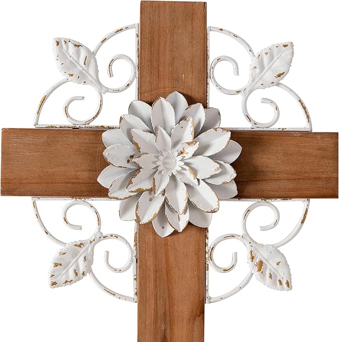 SOFE Rustic Crosses Wall Decor with Metal Floral - Large Wall Crosses for Home Decor - Hanging Decorative Crosses Wall Decor - Spiritual Art for Church Religious