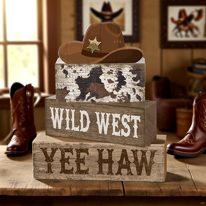 Yuntau 4 Pcs Western Tiered Tray Decorations Set Cowboy Hat Stack Block Signs Desert Farmhouse Rustic Tabletop Tiered Tray Decor for Table Shelf Home Office