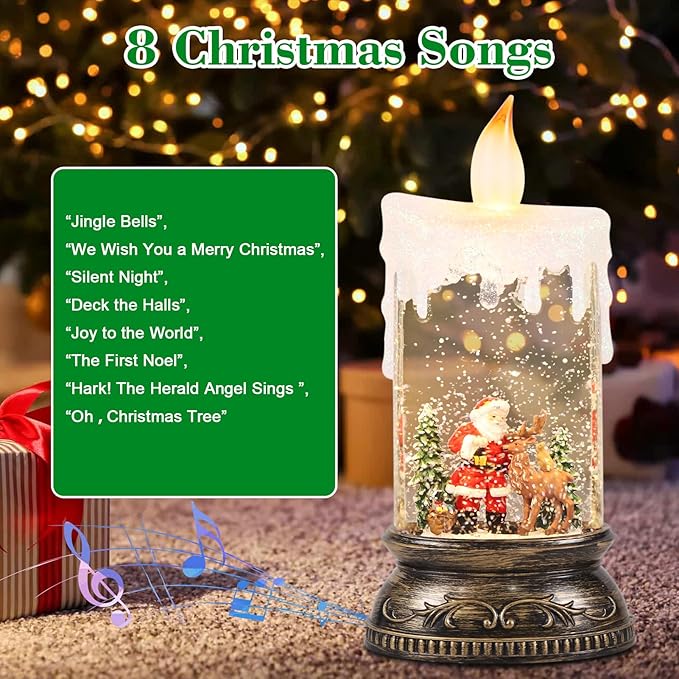 Eldnacele Christmas Music Snow Globe Lantern with 6H Timer, Battery Operated & USB Powered Lighted Santa Claus Reindeer Singing Snow Globe Candle Lamp Spinning Water Glitters Holiday Decor
