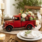Vintage Red Metal Truck Decoration - 13 Inch Christmas Farmhouse Centerpiece, Rustic Holiday Table Decor for Home Office Mantel, Antique Pickup Collectible