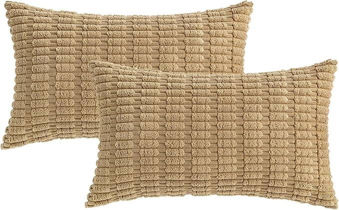 MIULEE Pack of 2 Corduroy Decorative Lumbar Throw Pillow Covers 20x12 Inch Soft Boho Striped Pillow Covers Modern Farmhouse Home Decor for Sofa Living Room Couch Bed Khaki