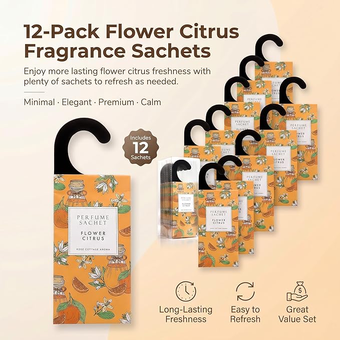 ROSE COTTAGE Large 12 Packs Flower Citrus Hanging Closet Air Freshener Scented Sachets Long Lasting Smell Goods