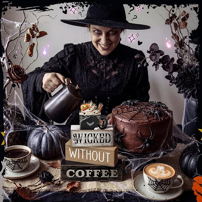 Lineshading 4 Pcs Halloween Coffee Table Decorations Wicked Wooden Stacked Sign Decor Rustic Halloween Tiered Tray Decor Decorative Pumpkin Ghost Hot Cocoa Centerpiece for Home Kitchen Coffee Bar
