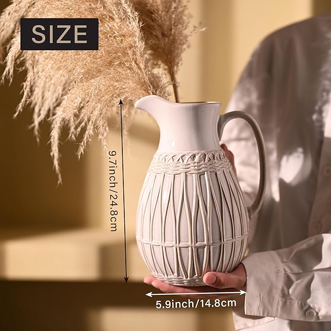 VICTOR & TERESA White Ceramic Pitcher Vase for Home Decor, 10'' Decorative Jug Vases Gift for Mom, Farmhouse Distressed Vases for Flowers, Pampas Grass, Table Centerpieces, Kitchen, Mantel