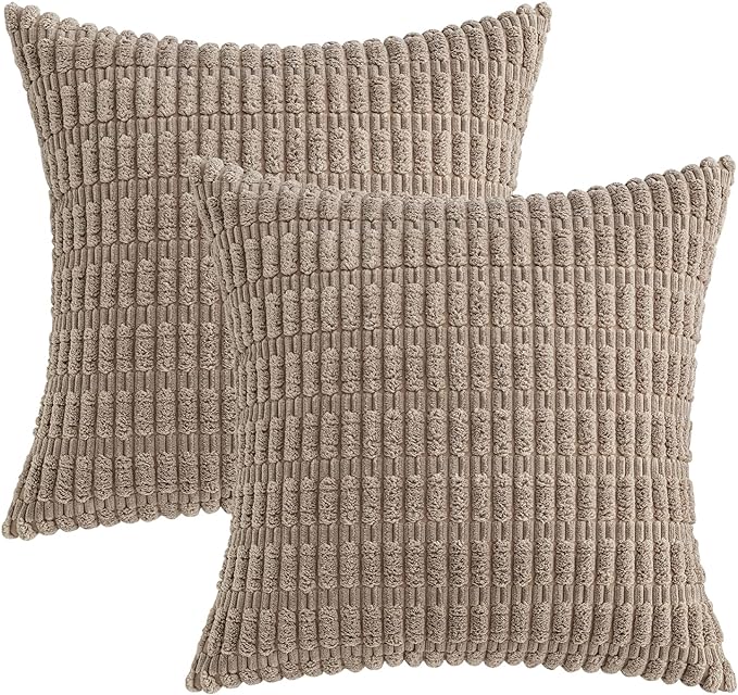 MIULEE Pack of 2 Corduroy Decorative Euro Sham Throw Pillow Covers 26x26 Inch Soft Boho Striped Pillow Covers Modern Farmhouse Home Decor for Sofa Living Room Couch Bed Light Brown