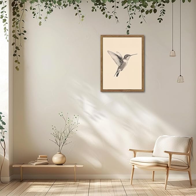 Vintage Framed Wall Art, Birds Canvas Prints, Hummingbird Sketch Painting Picture, Neutral Farmhouse Artwork Wall Decor for Living Room Bedroom – Dark Wooden Frame 16x24in