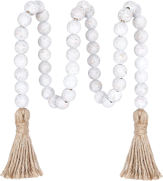 Meplait 39in Wood Bead Garland Farmhouse with Tassels,Versatile Prayer Beads Boho Chic Wall Hanging Home Decor (Wash White)