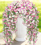 Artificial Hanging Flowers for Outdoors, 6 PCS Silk Morning Glory Artificial Flowers with Eucalyptus Leaves, UV Resistant Fake Flower Realistic Faux Plants for Home Patio Porch Garden, White+Pink
