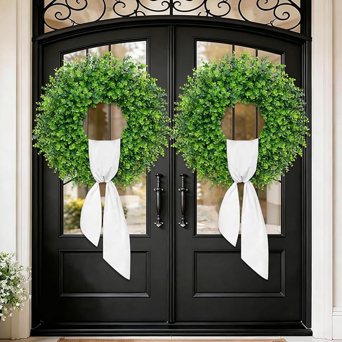 28'' Large Boxwood Wreaths Front Door Artificial Green Spring Wreath with Sash Wreaths for Front Door Farmhouse Greenery Year Round Outdoor Indoor for Summer Wreath St Patricks Day Decoration