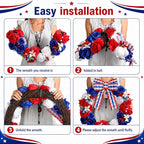 250th Anniversary Lighted Patriotic Wreath for Front Door 22 Inch 4th of July Artificial Red White and Blue Rose Wreath with Oversized Bow American Flag Wreaths for Memorial Day Independence Day Decor