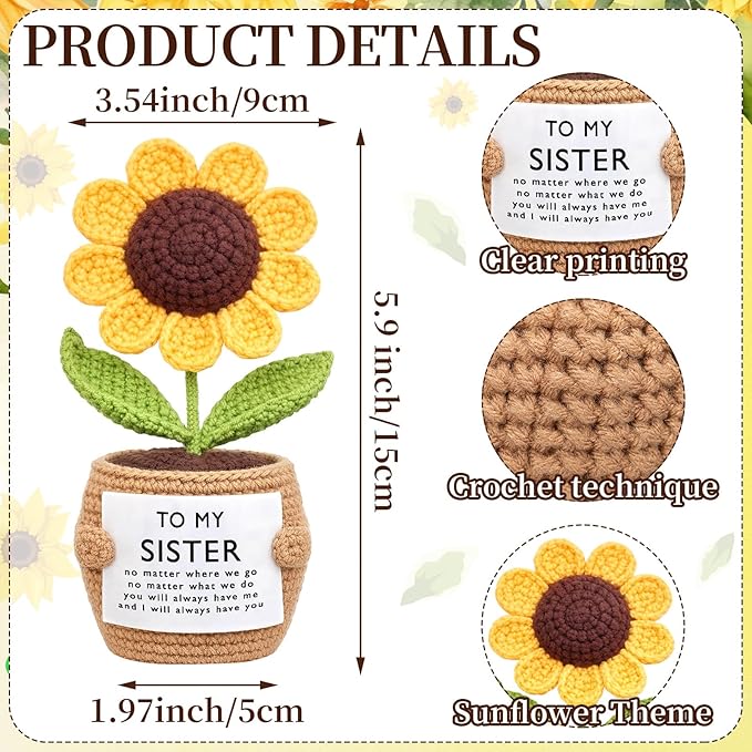 Wavwavw Sister Gifts Handmade Crochet Doll with Card Crochet Present for Sisters Sis Big Little Sister Birthday Wedding Home Decor(Sunflowers)