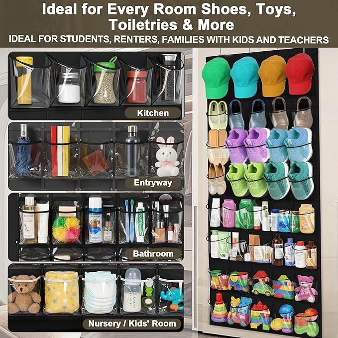 Over the Door Shoe Organizer with 40 Clear PVC Pockets – Waterproof Hanging Shoe Holder for Closet & Bathroom – Space-Saving Door Shoe Rack for Shoes, Toys, Toiletries & Snacks(Black)